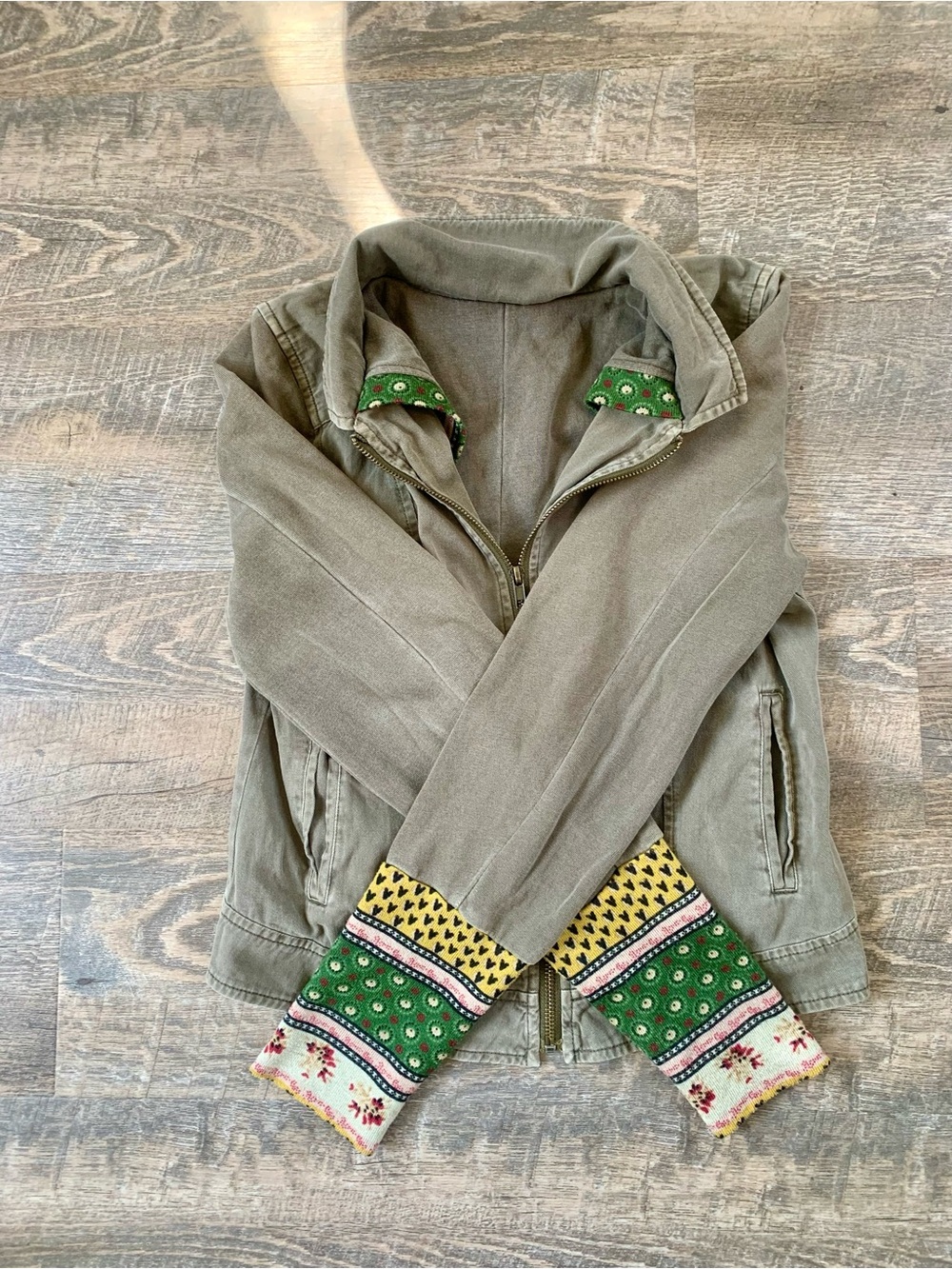 Others Follow Boho Streetwear Utility Olive Green Jean Jacket w/ Patterned Cuffs